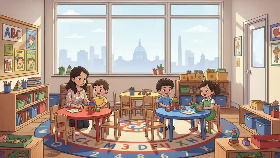 Interior classroom at a D.C. childcare center showing early childhood education materials, small tables and chairs, and bilingual educational posters on walls