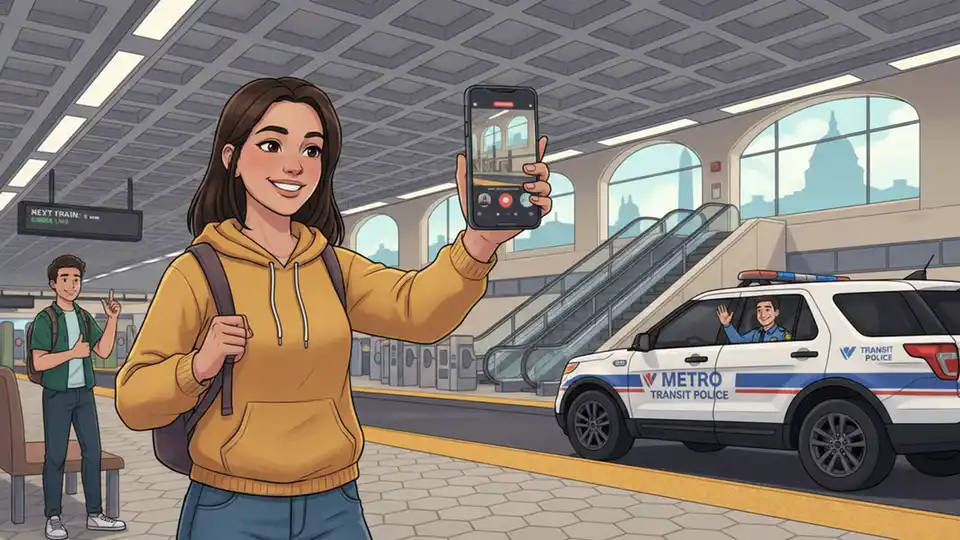 Person filming short-form video content on smartphone at Metro station with transit police vehicle in frame