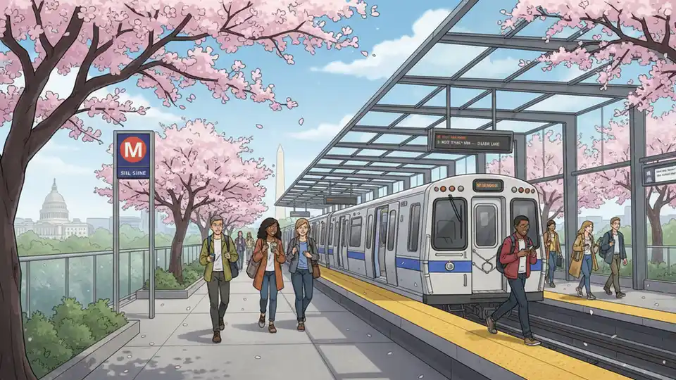 Cherry blossom trees near Silver Line transit station with riders walking on platform