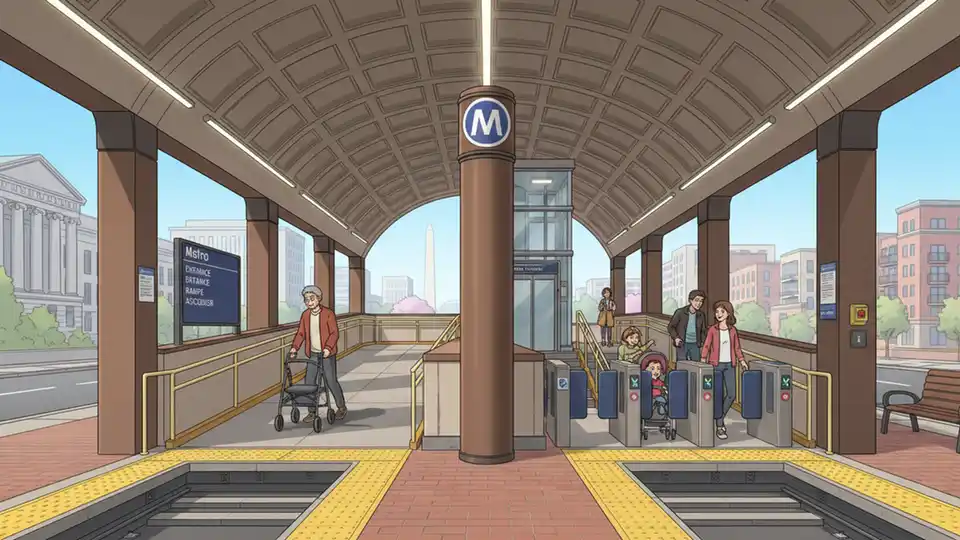 Washington DC Metro station entrance with accessibility features and senior-friendly design