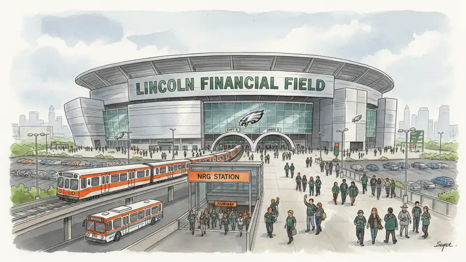 Lincoln Financial Field exterior with SEPTA transit infrastructure visible, fans walking toward stadium entrance on game day