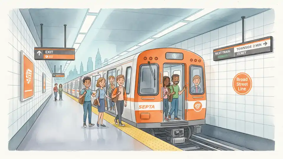 SEPTA Orange Broad Street Line subway train at platform with passengers boarding, modern station interior with clear signage