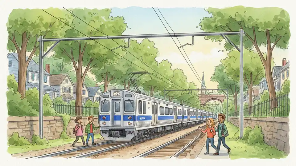 SEPTA Chestnut Hill West line train on tracks in Northwest Philadelphia