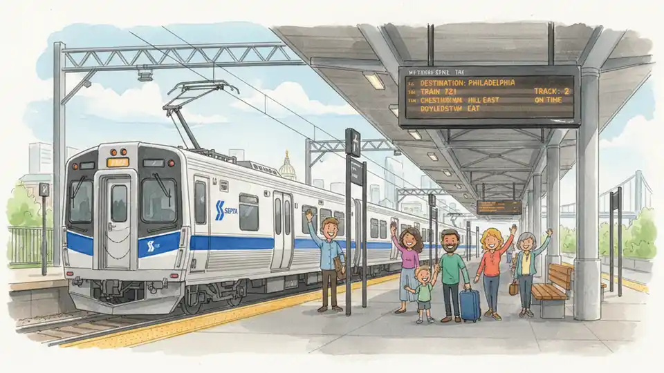 Regional rail train at Trenton Transit Center platform with departure board showing service information