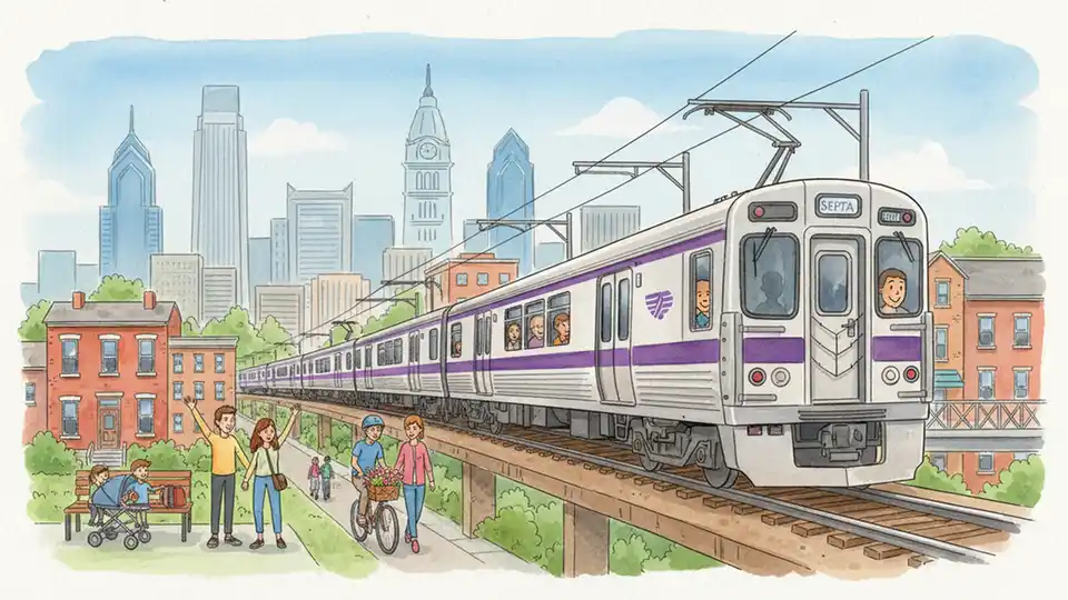 SEPTA Chestnut Hill West line train traveling through Philadelphia with city skyline in background