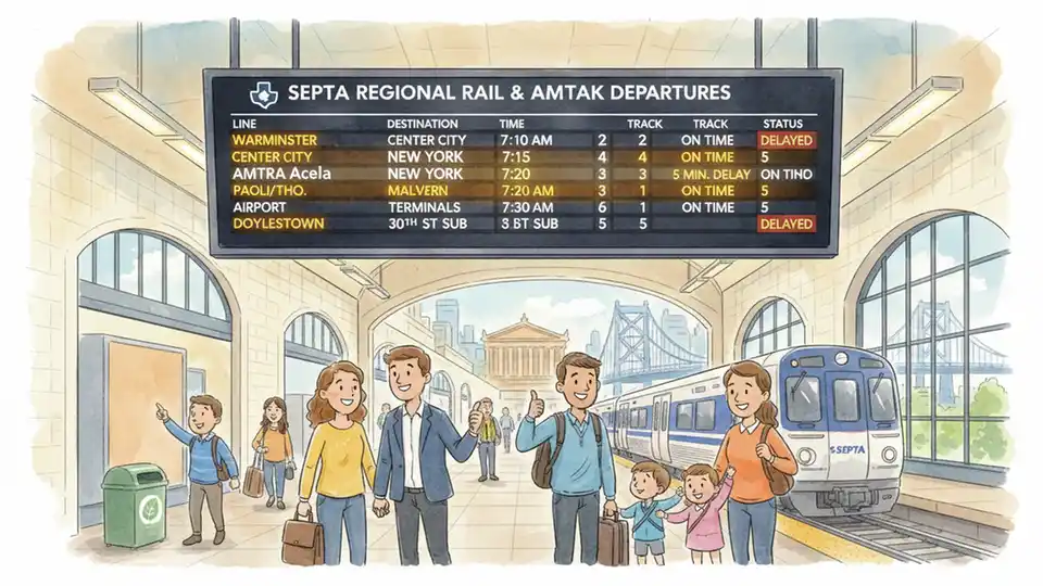 Train departure board showing delay information at transit station
