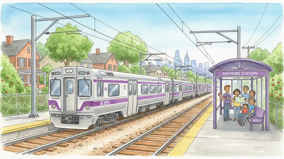 Regional rail train traveling on tracks through suburban station area