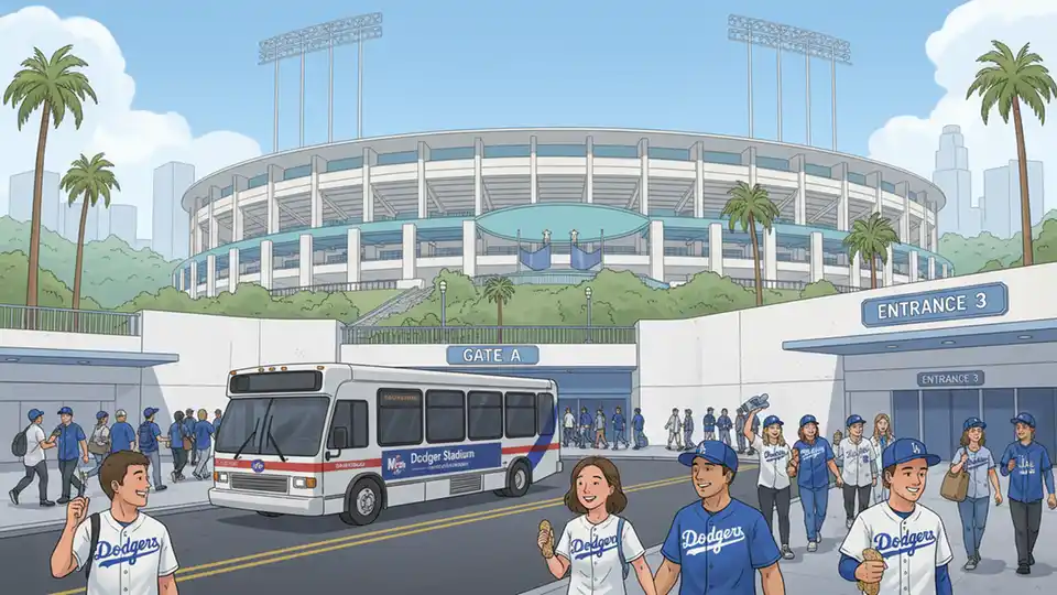 Dodger Stadium exterior with Metro shuttle bus in foreground and fans walking toward entrance