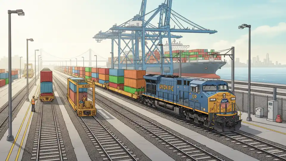 California freight train at Port of Long Beach with cargo containers and rail infrastructure, showing modernization efforts