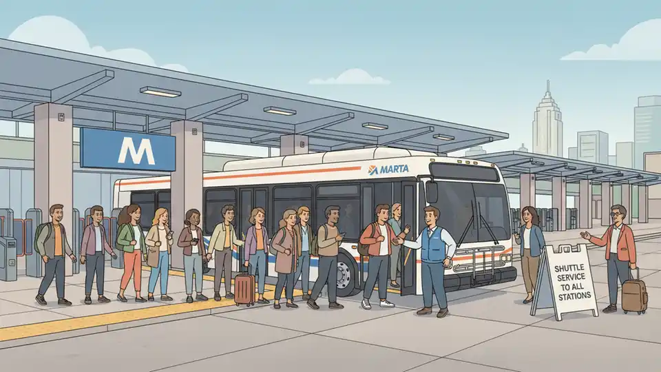 MARTA shuttle bus at station bus bay with passengers boarding during service disruption