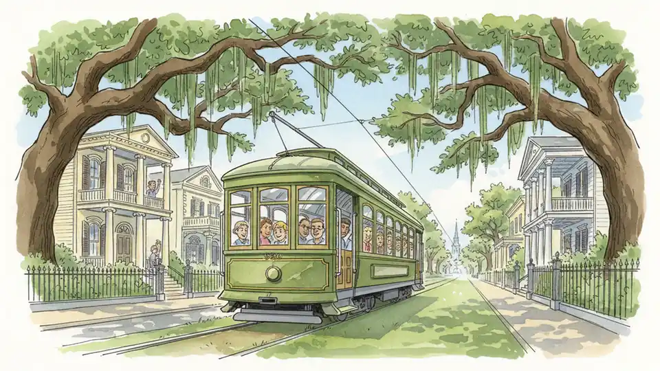 Historic St. Charles streetcar passing through New Orleans Garden District with oak trees and historic mansions visible