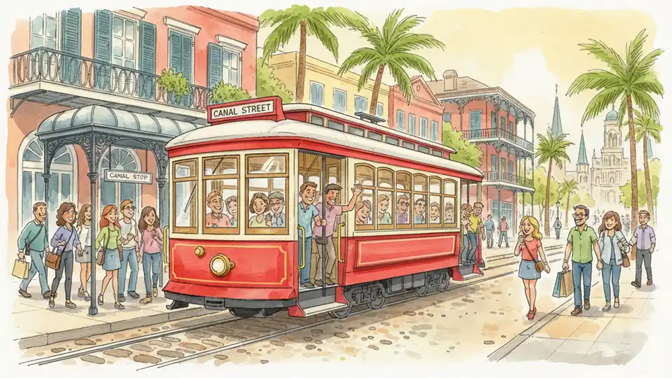 Canal streetcar at stop near French Quarter with tourists boarding, showing historic streetcar design and city architecture