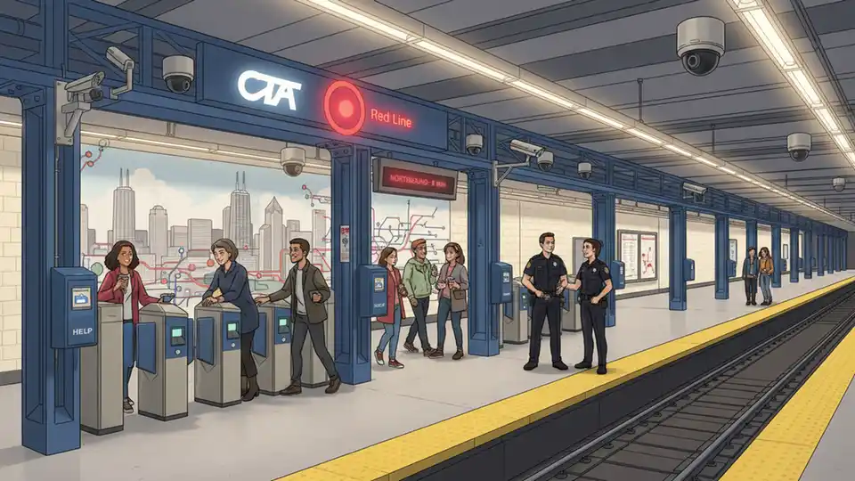 CTA Red Line station entrance and platform area showing security cameras and emergency call boxes, with transit police presence visible