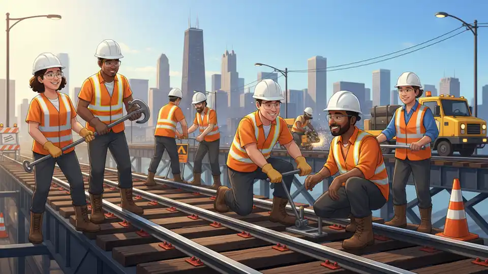 Track maintenance crew working on CTA rail line with safety equipment and tools