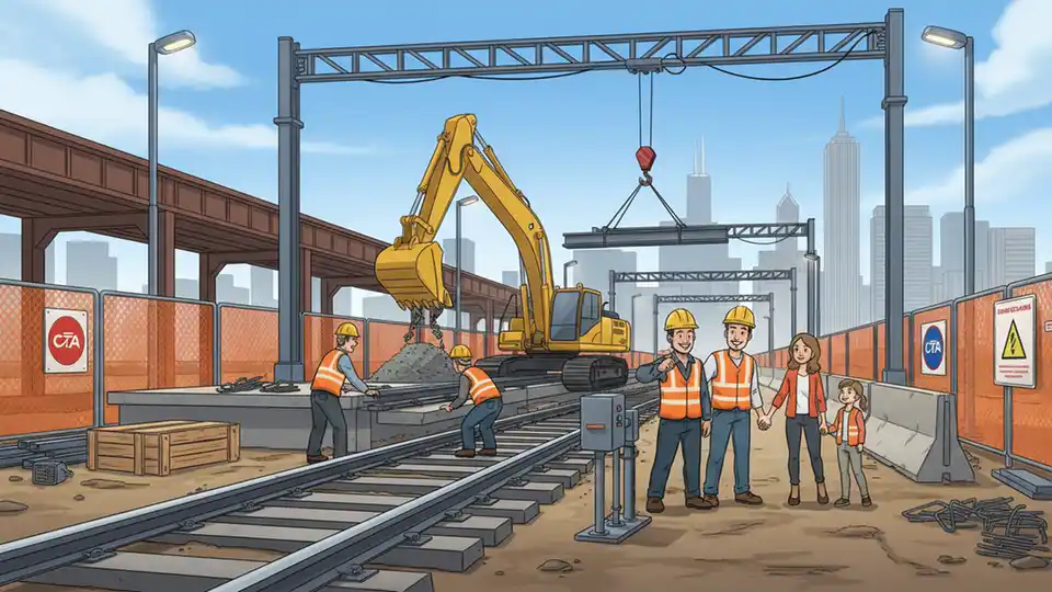 Construction site for CTA rail extension showing track work and station infrastructure development