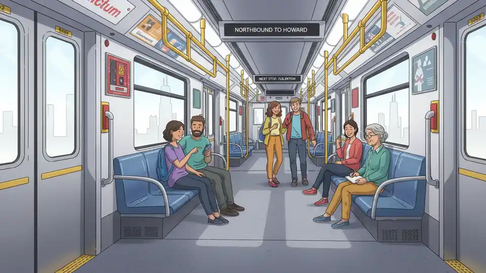 Interior of Chicago CTA Red Line train car showing passenger seating area, safety features, and emergency call buttons with natural lighting from windows