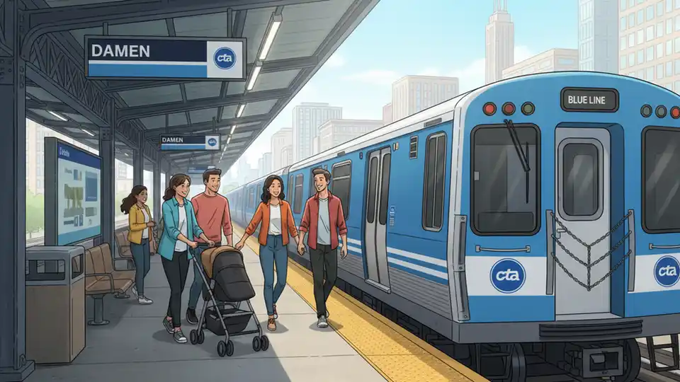 CTA Blue Line train at station platform during daytime operations