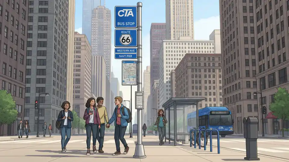 CTA bus stop sign showing Route 66 with downtown Chicago street scene and transit infrastructure
