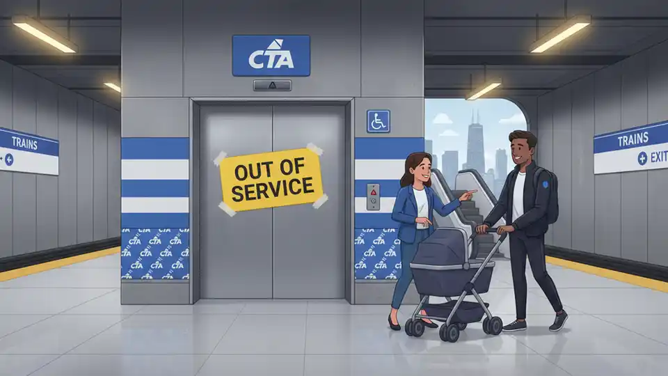 CTA elevator at subway station with out of service sign and accessibility symbol