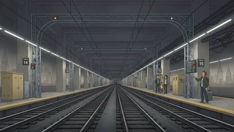 Amtrak signal equipment and rail infrastructure at Penn Station New York showing technical systems that control train movements