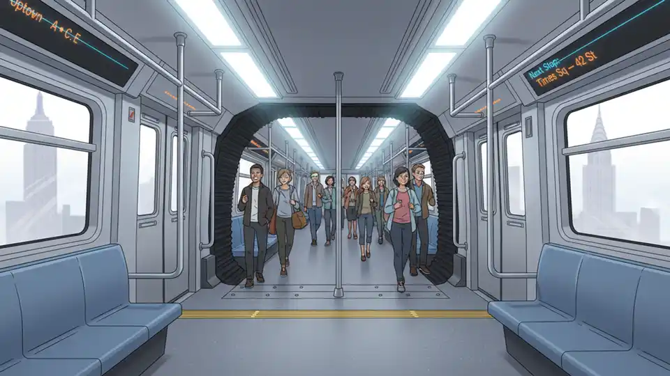 Modern subway train interior showing open gangway connection between cars with passengers moving through