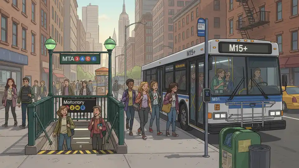 New York City MTA bus and subway station entrance, students boarding public transit with fare cards