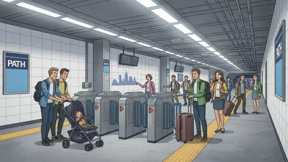 PATH train platform with passengers using strollers and luggage, demonstrating need for accessible fare gate design at busy transit station