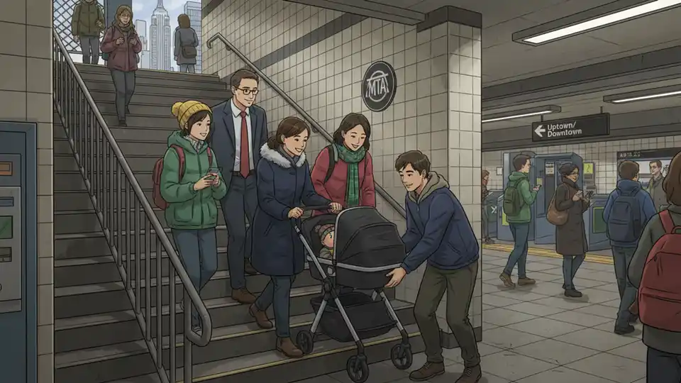 Subway passengers helping parent with stroller on station stairs, showing community assistance and daily transit life in New York City