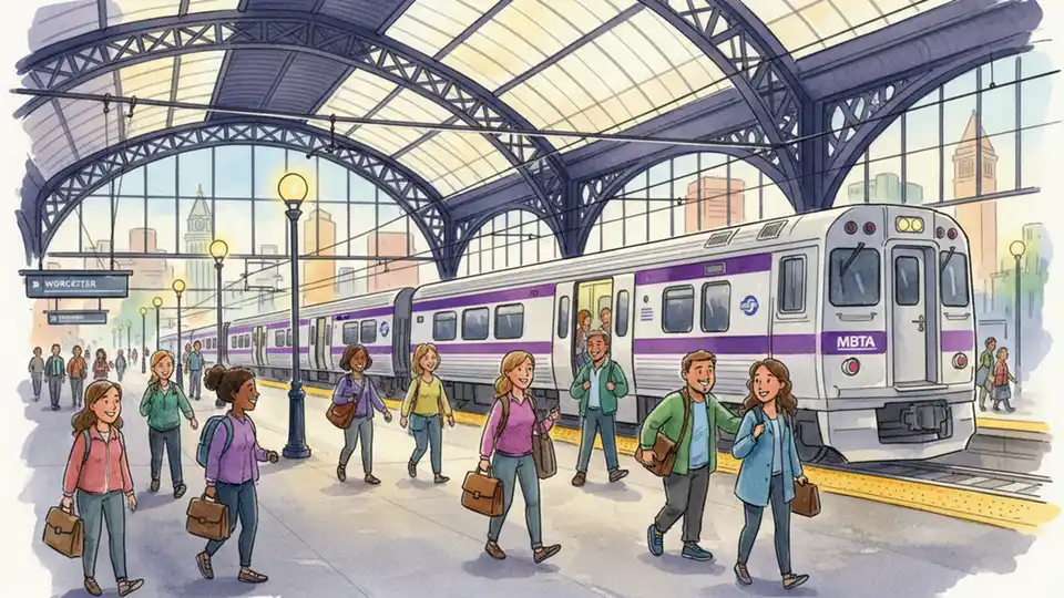 MBTA Commuter Rail train at South Station platform with passengers boarding