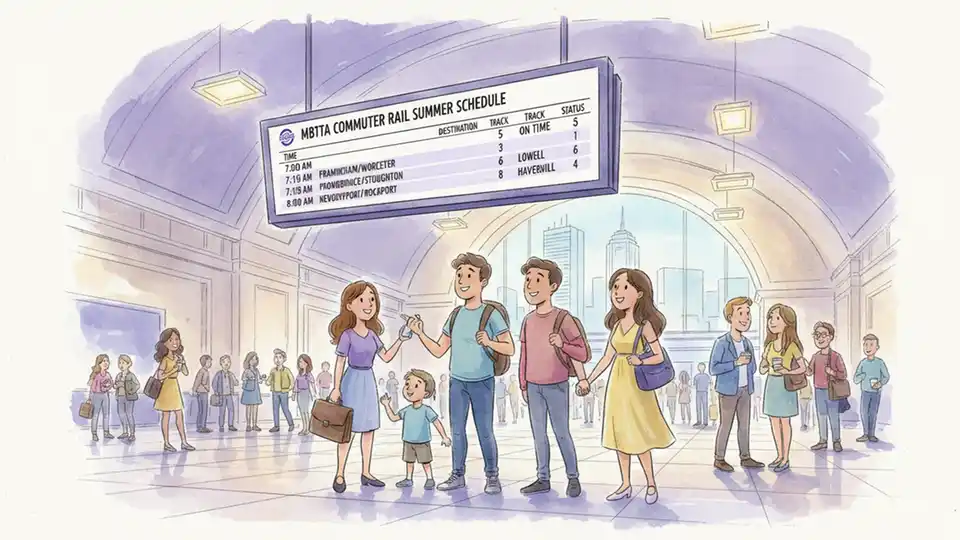 MBTA Commuter Rail schedule board showing summer timetable with passengers checking departure times