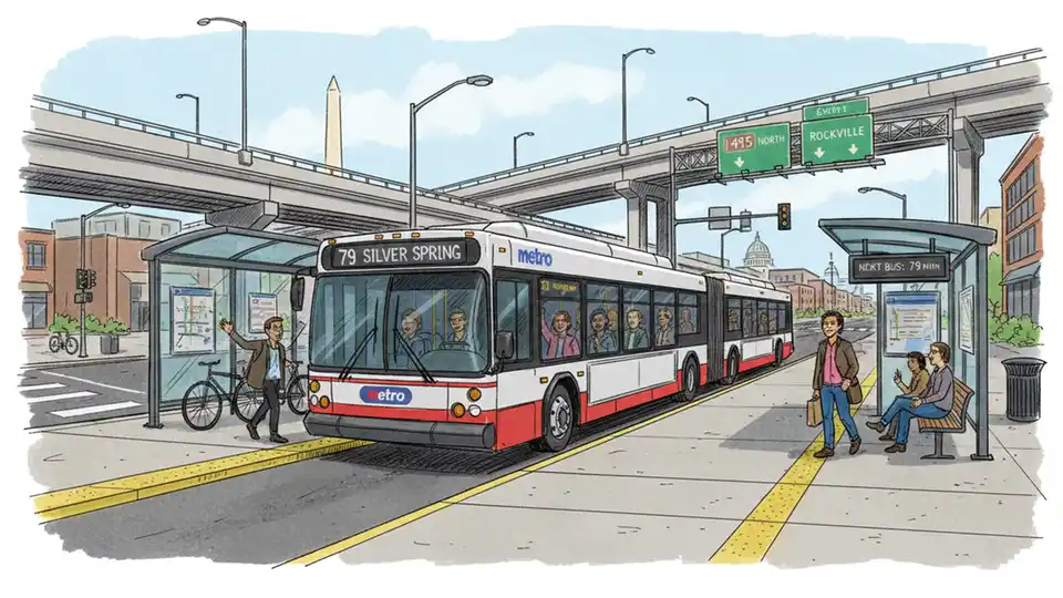 Public transit bus at urban station with highway infrastructure in background