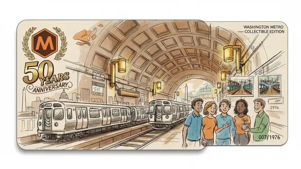 Special 50th anniversary SmarTrip card design featuring iconic Metro elements and anniversary branding