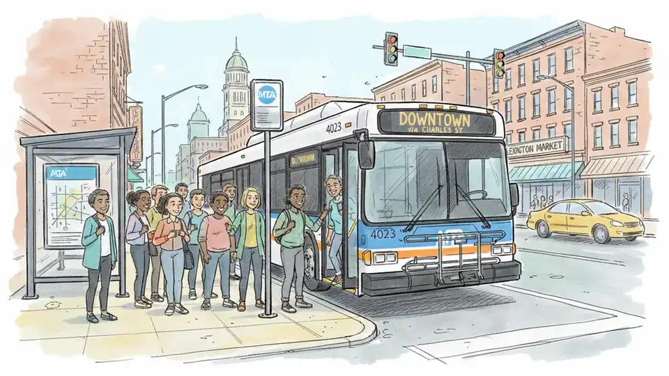 MTA bus at downtown Baltimore transit stop with passengers boarding