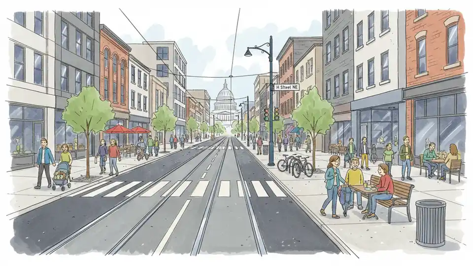 H Street NE corridor in Washington D.C. showing streetcar tracks embedded in roadway, urban streetscape with mixed-use development and pedestrians on sidewalks