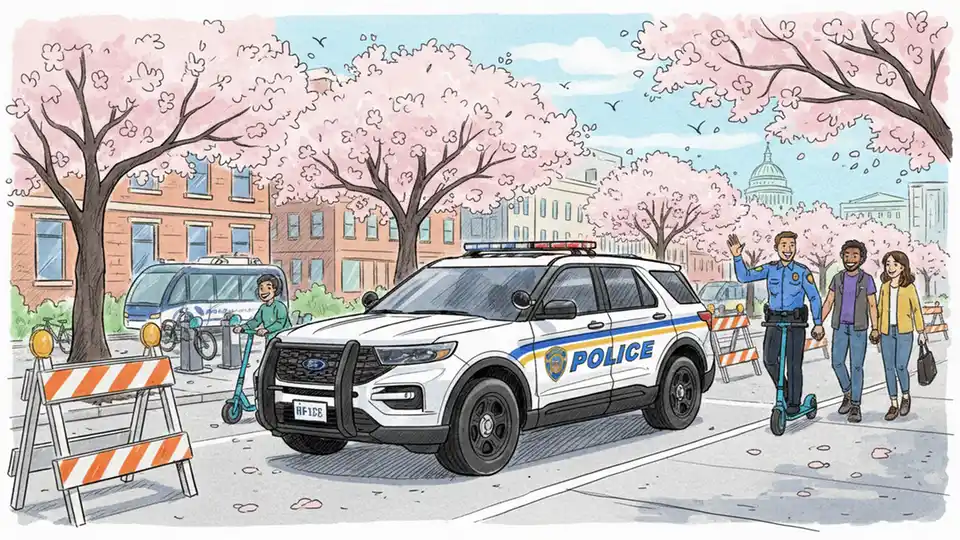 Washington DC Metropolitan Police Department patrol car parked near Navy Yard street closure barricades with cherry blossom trees in background