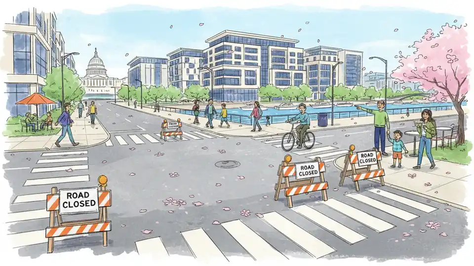 Navy Yard waterfront street intersection with temporary road closure signs and cherry blossom petals on pavement
