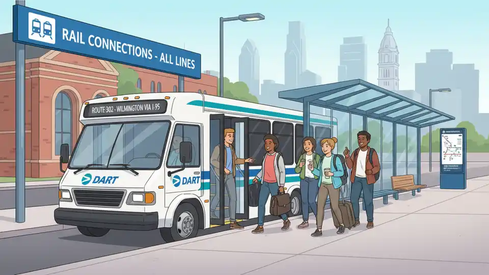 DART shuttle bus at transit center with passengers boarding for rail connection service