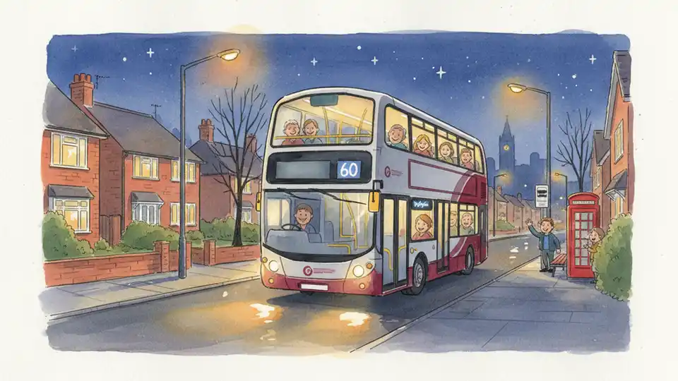 Bus route 60 or 72 traveling through Sheldon neighborhood at night with street lighting visible