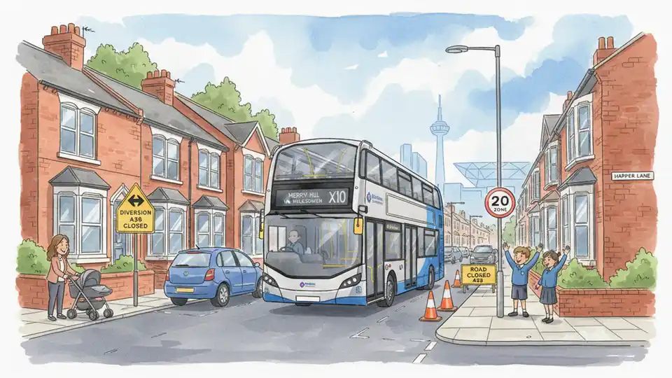 Birmingham area bus navigating detour route on residential street with clear road signage