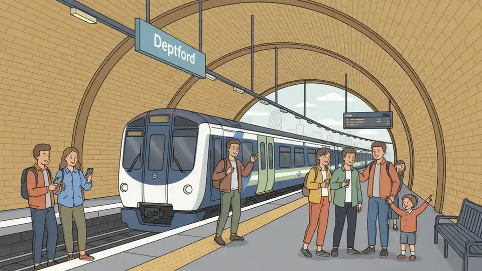 Interior view of Deptford station platform with Victorian railway arches visible and modern trains at the platform serving London commuters