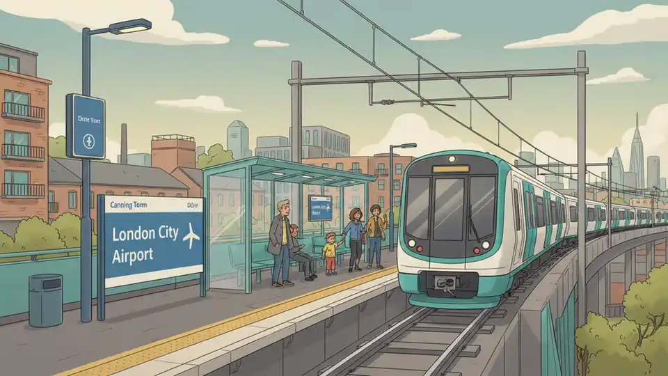 DLR train approaching Canning Town station with London City Airport signage visible