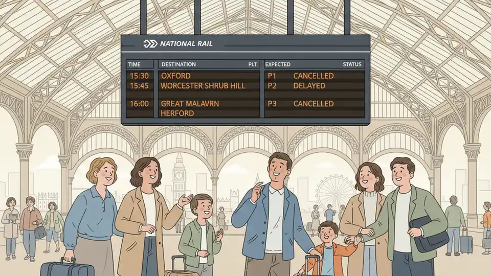 National Rail departure board at Paddington Station showing cancelled and delayed trains to Oxford, Worcester, Great Malvern and Hereford