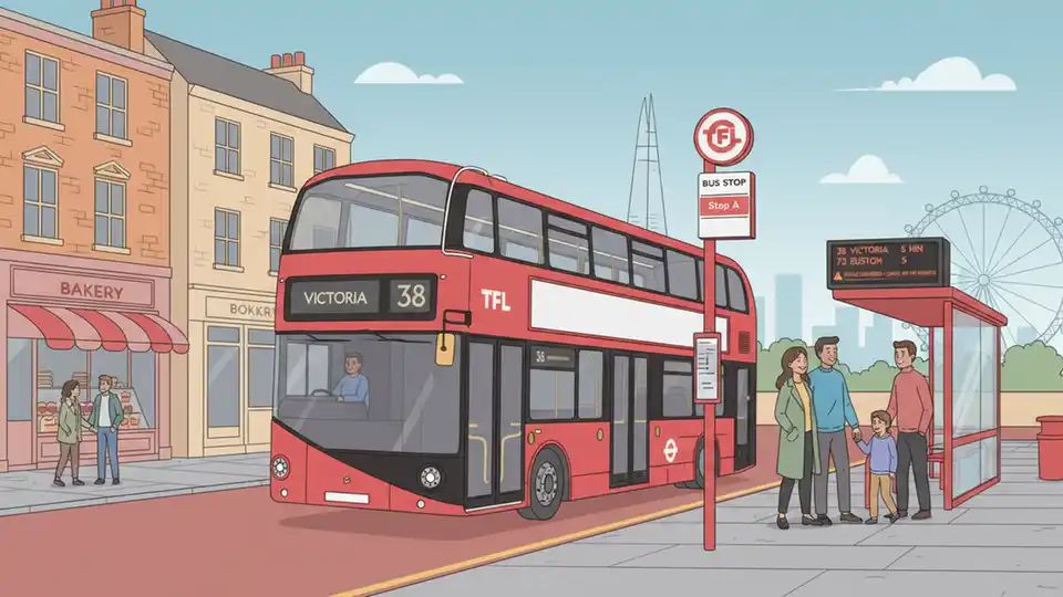 London bus at stop with route information display showing service alert