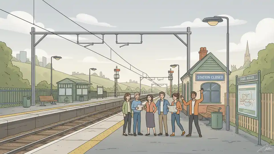 Empty railway platform at closed station between Chichester and Barnham with no trains visible