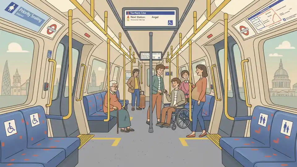 London Underground train with priority seating area and accessibility features visible inside passenger car