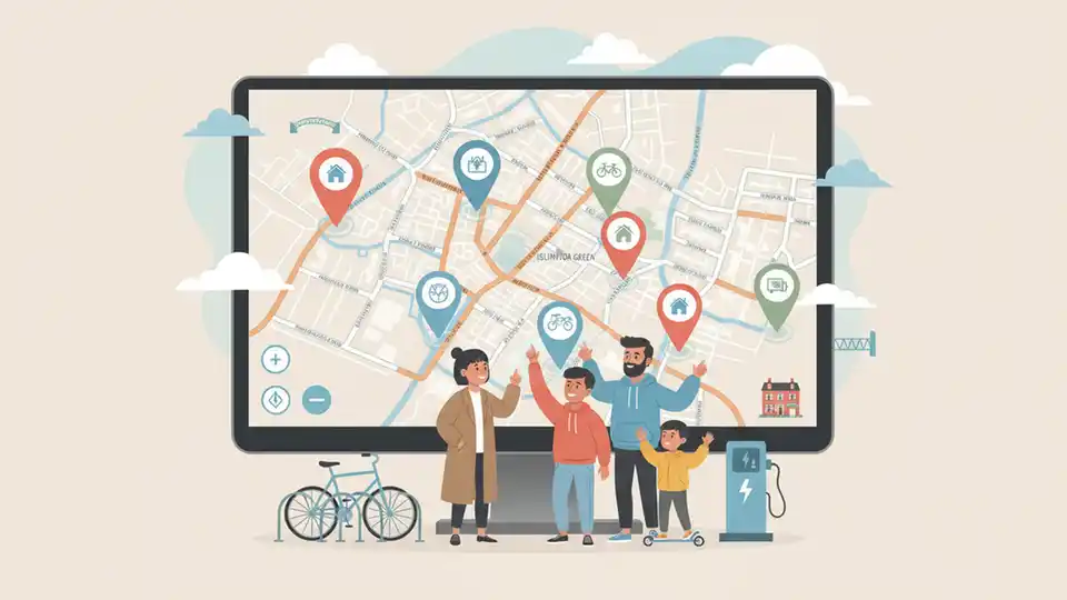 Interactive digital map display showing residential street network in North London, with pins marking locations on urban roads between main thoroughfares