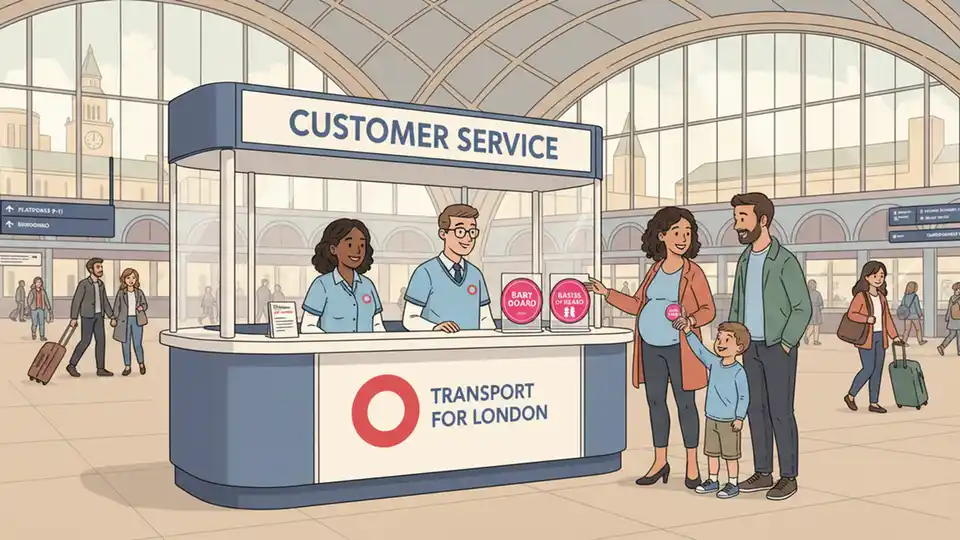 King's Cross station customer service desk with Baby on Board badges available for collection, showing both single and multiple pregnancy badge versions