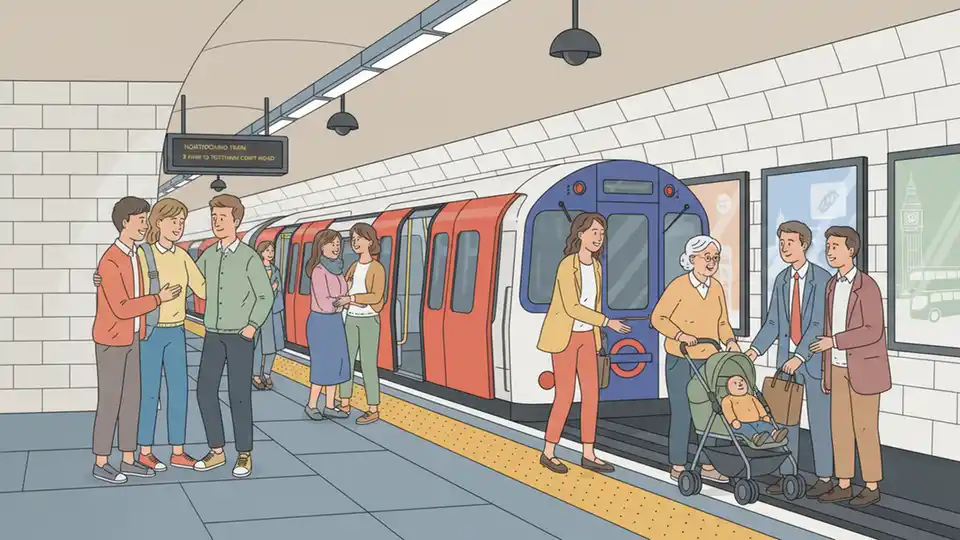 London Underground train at platform with passengers waiting, showing typical transit environment with security cameras visible