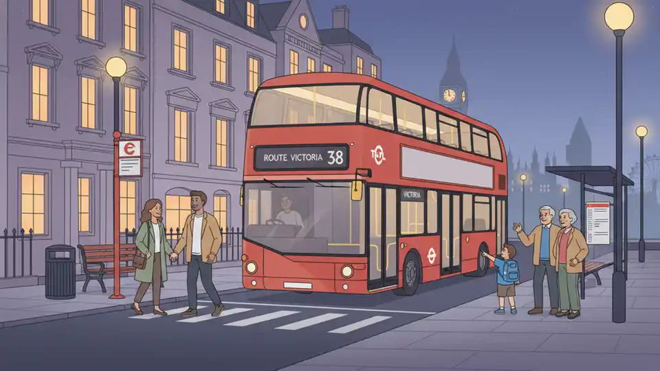Transport for London bus at London street stop during evening hours, showing typical urban transit scene with street lighting
