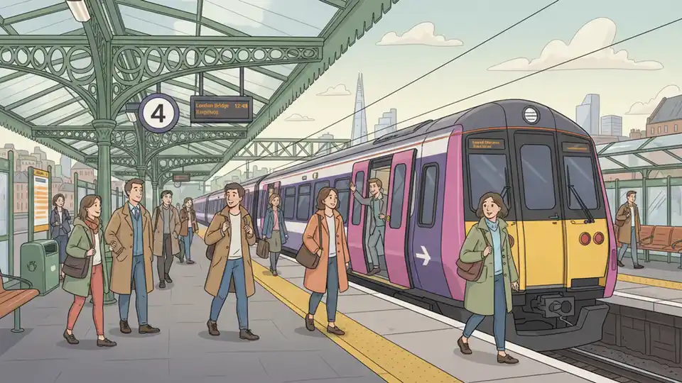Rail passengers boarding a train at a station platform in the greater London area during off-peak hours